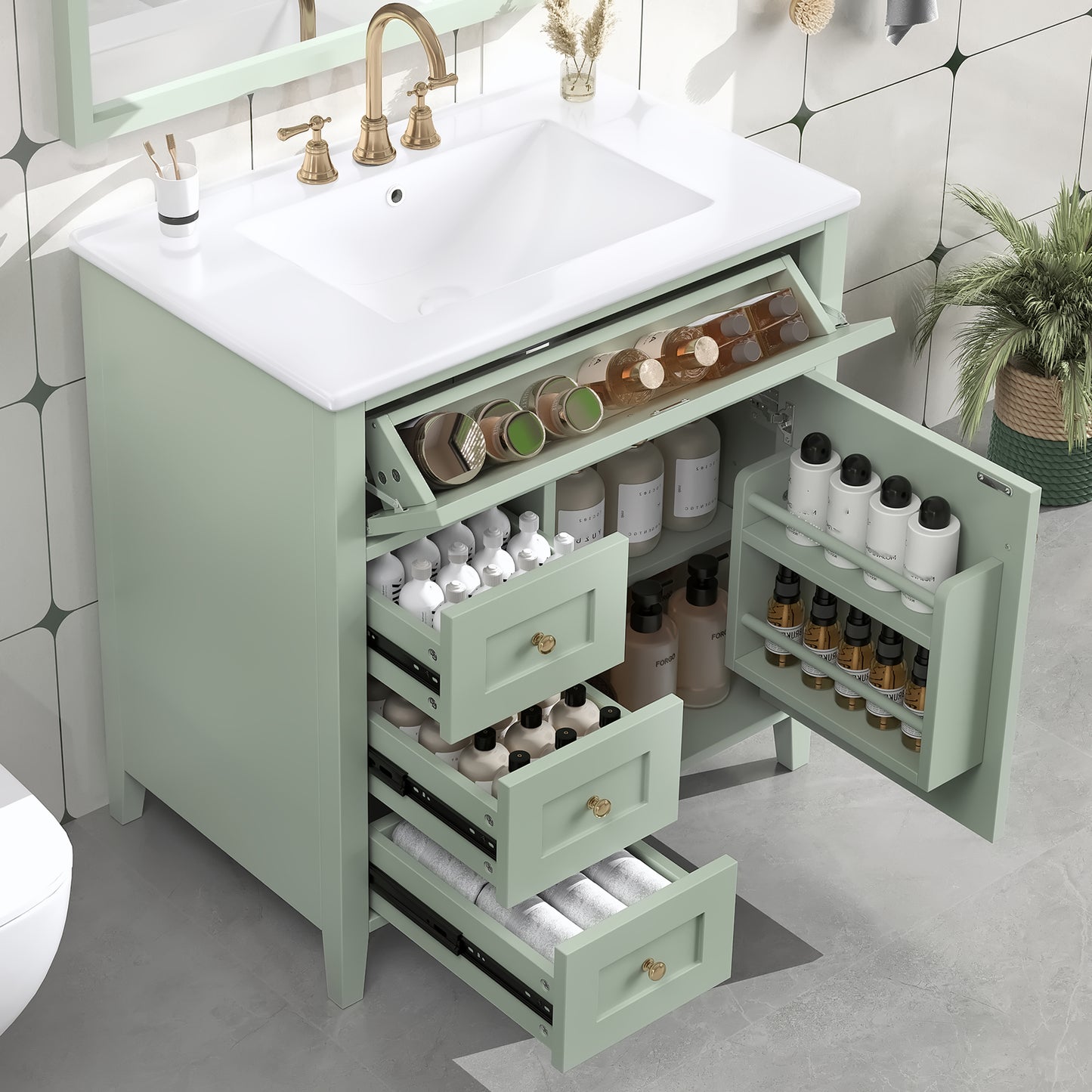 VanityFus 30-in Green Bathroom Vanity Single Sink Combo Ceramic Top 1 door 4 drawers Adjustable Shelves