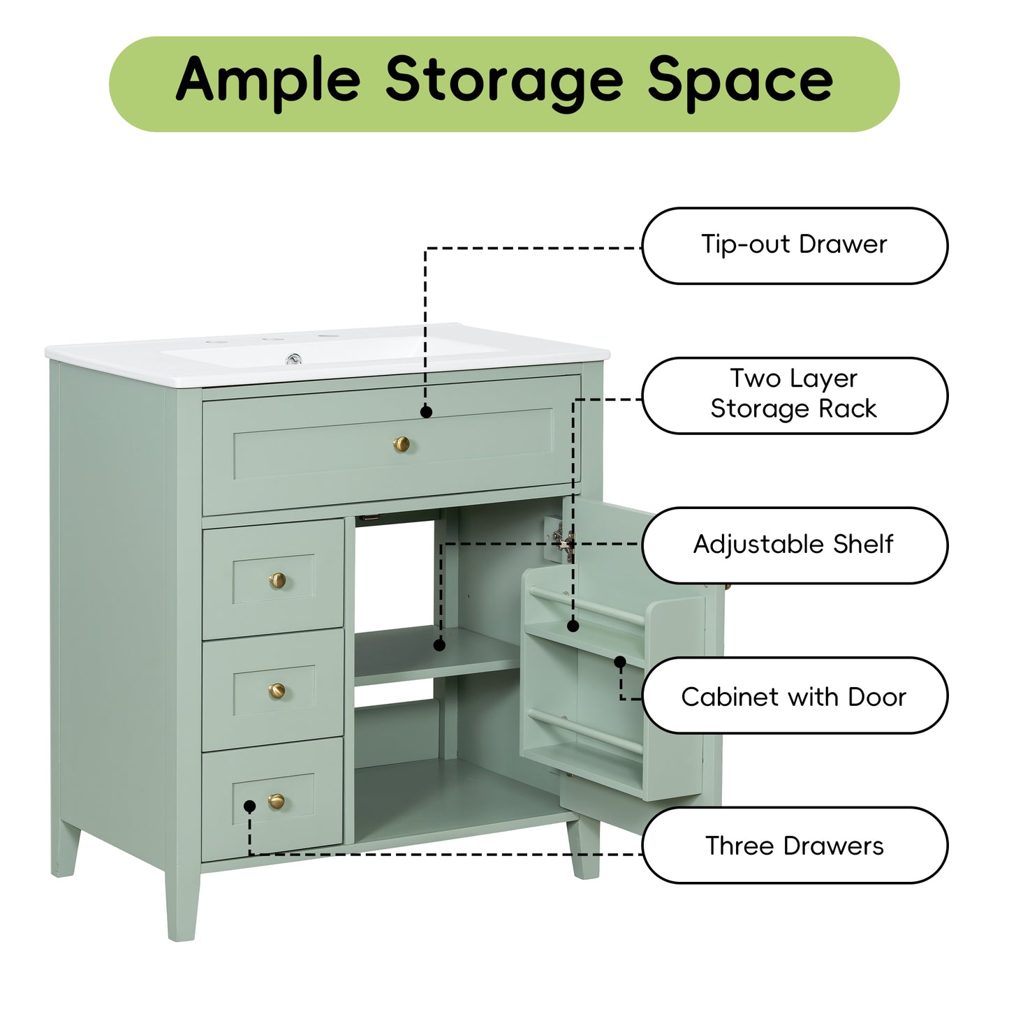 VanityFus 30-in Green Bathroom Vanity Single Sink Combo Ceramic Top 1 door 4 drawers Adjustable Shelves
