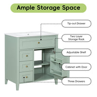 VanityFus 30-in Green Bathroom Vanity Single Sink Combo Ceramic Top 1 door 4 drawers Adjustable Shelves