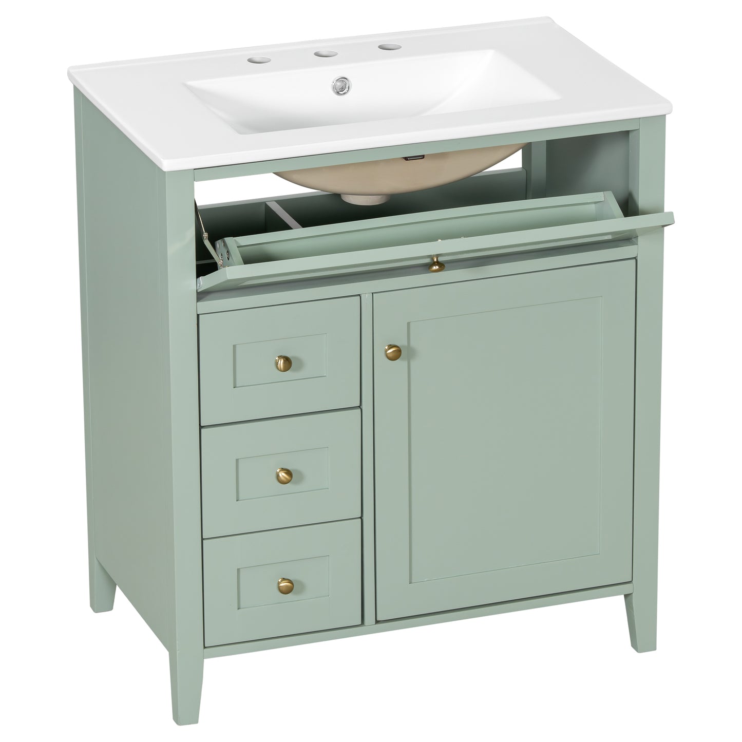 VanityFus 30-in Green Bathroom Vanity Single Sink Combo Ceramic Top 1 door 4 drawers Adjustable Shelves