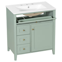 VanityFus 30-in Green Bathroom Vanity Single Sink Combo Ceramic Top 1 door 4 drawers Adjustable Shelves