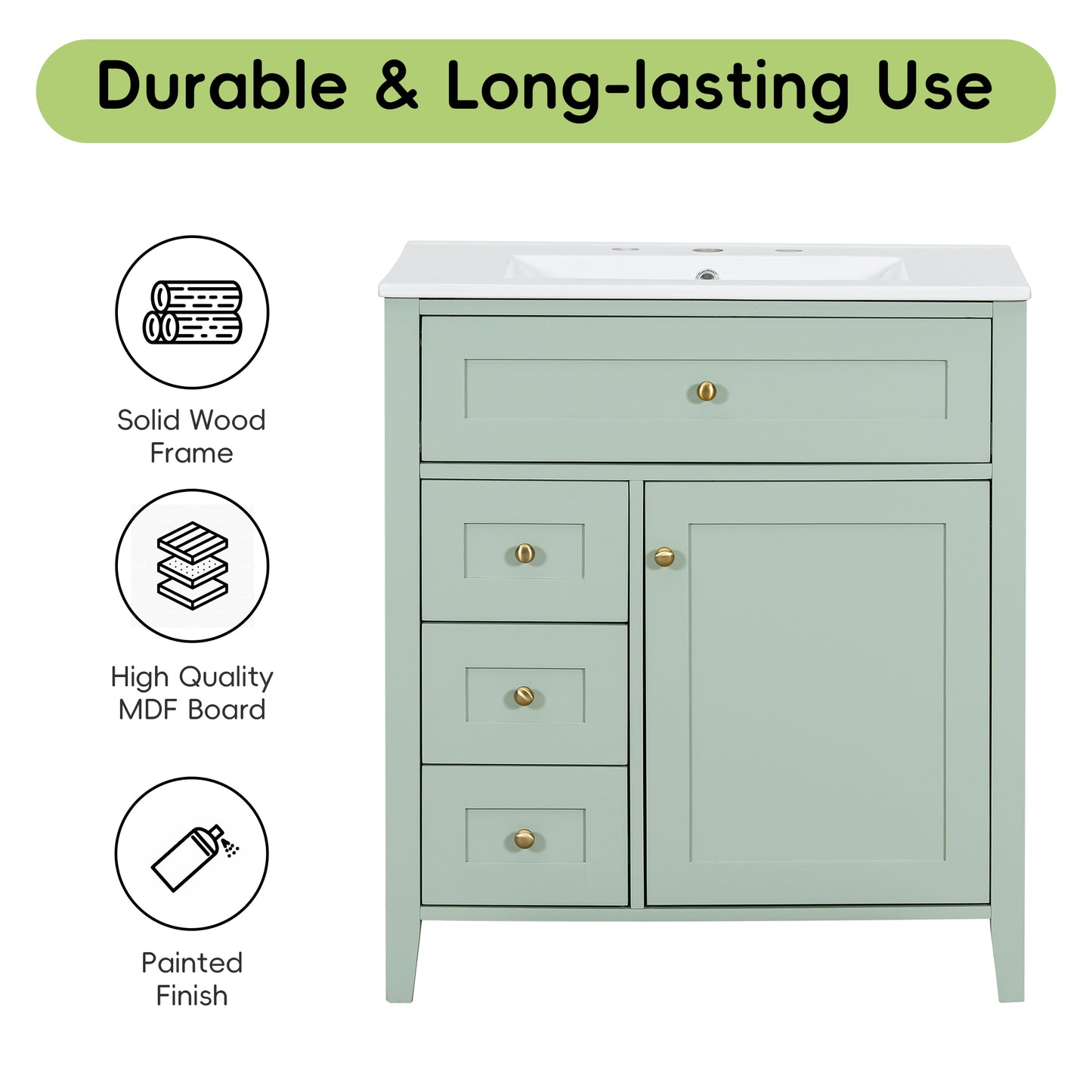 VanityFus 30-in Green Bathroom Vanity Single Sink Combo Ceramic Top 1 door 4 drawers Adjustable Shelves