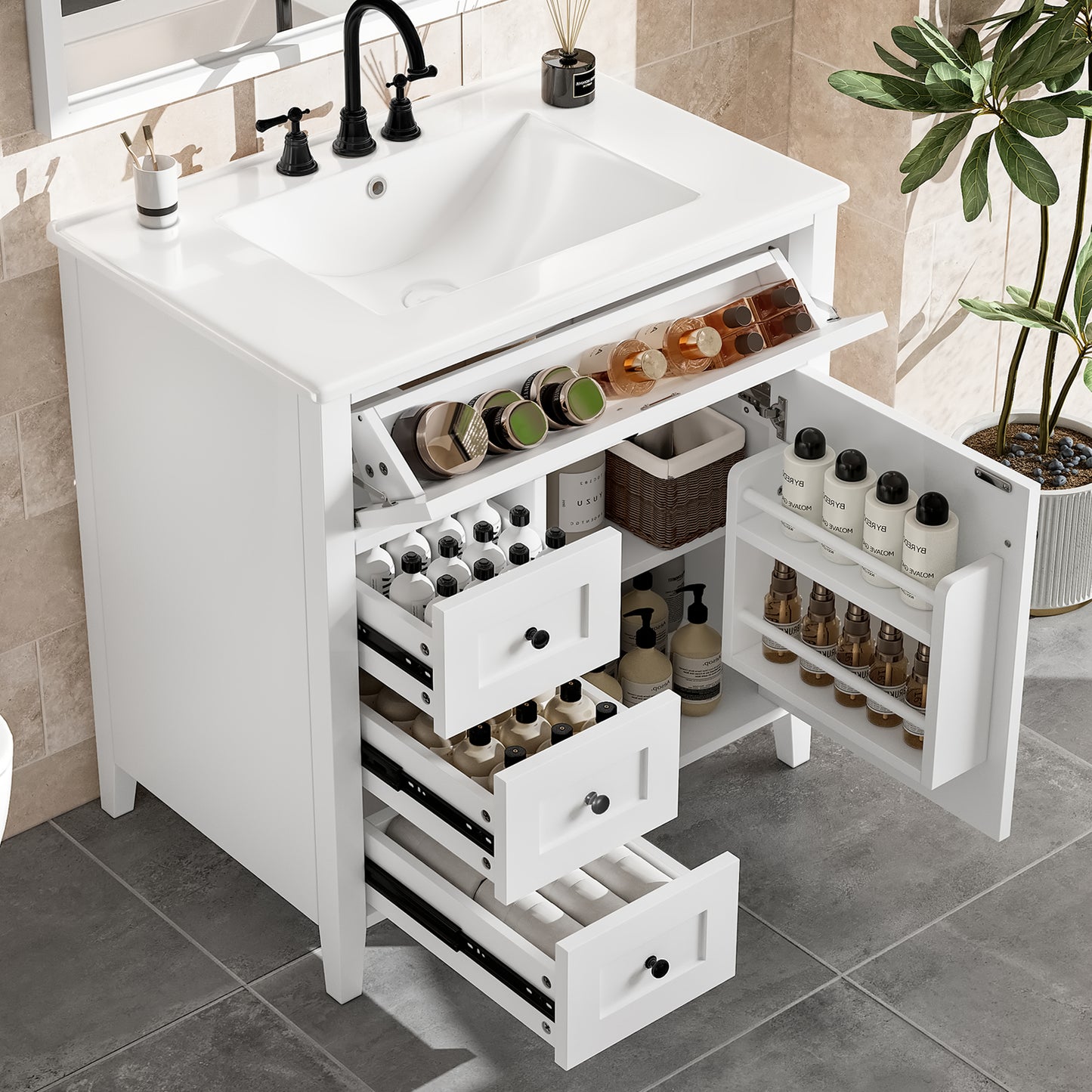 VanityFus 30-in White Bathroom Vanity Single Sink Combo Ceramic Top 1 door 4 drawers Adjustable Shelves