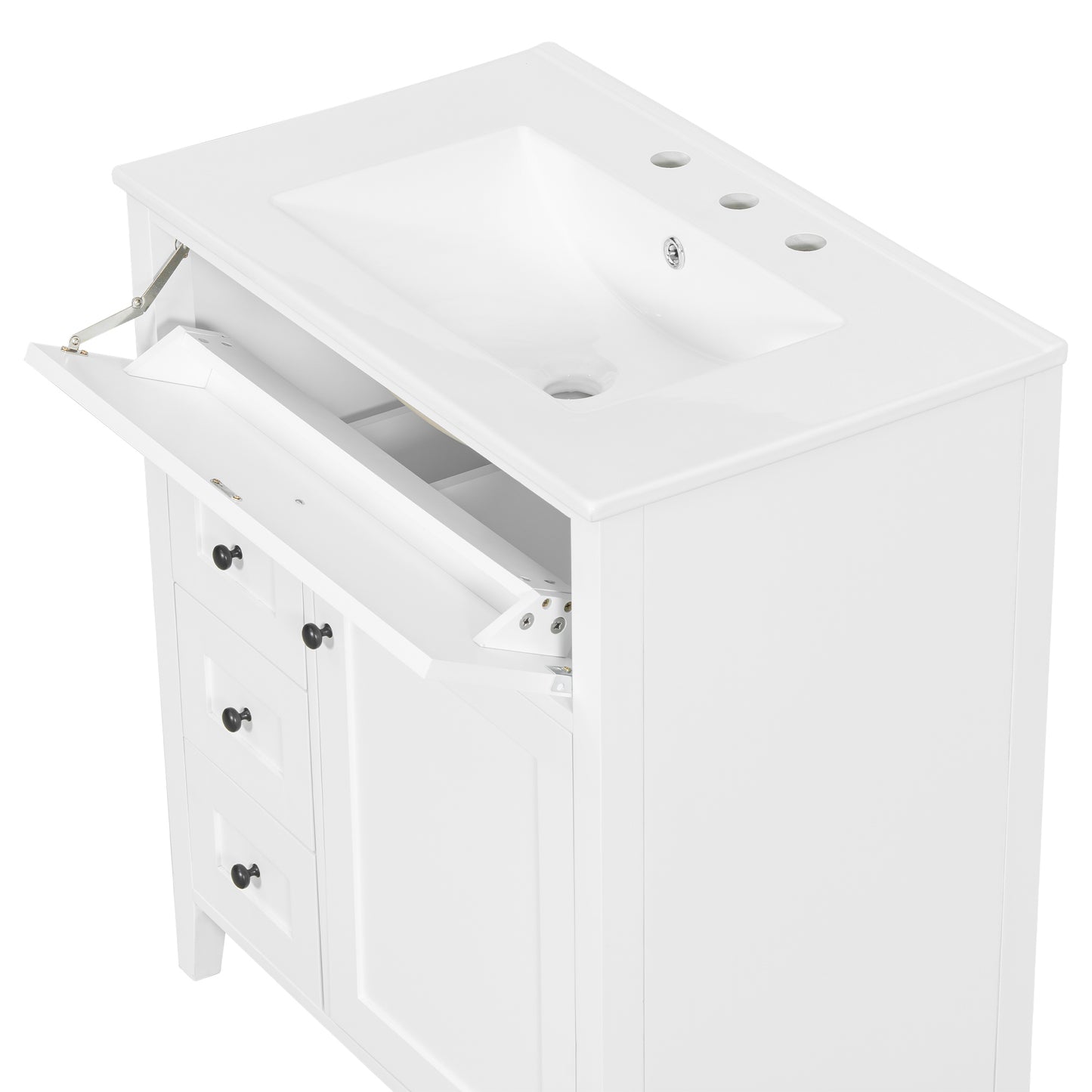 VanityFus 30-in White Bathroom Vanity Single Sink Combo Ceramic Top 1 door 4 drawers Adjustable Shelves