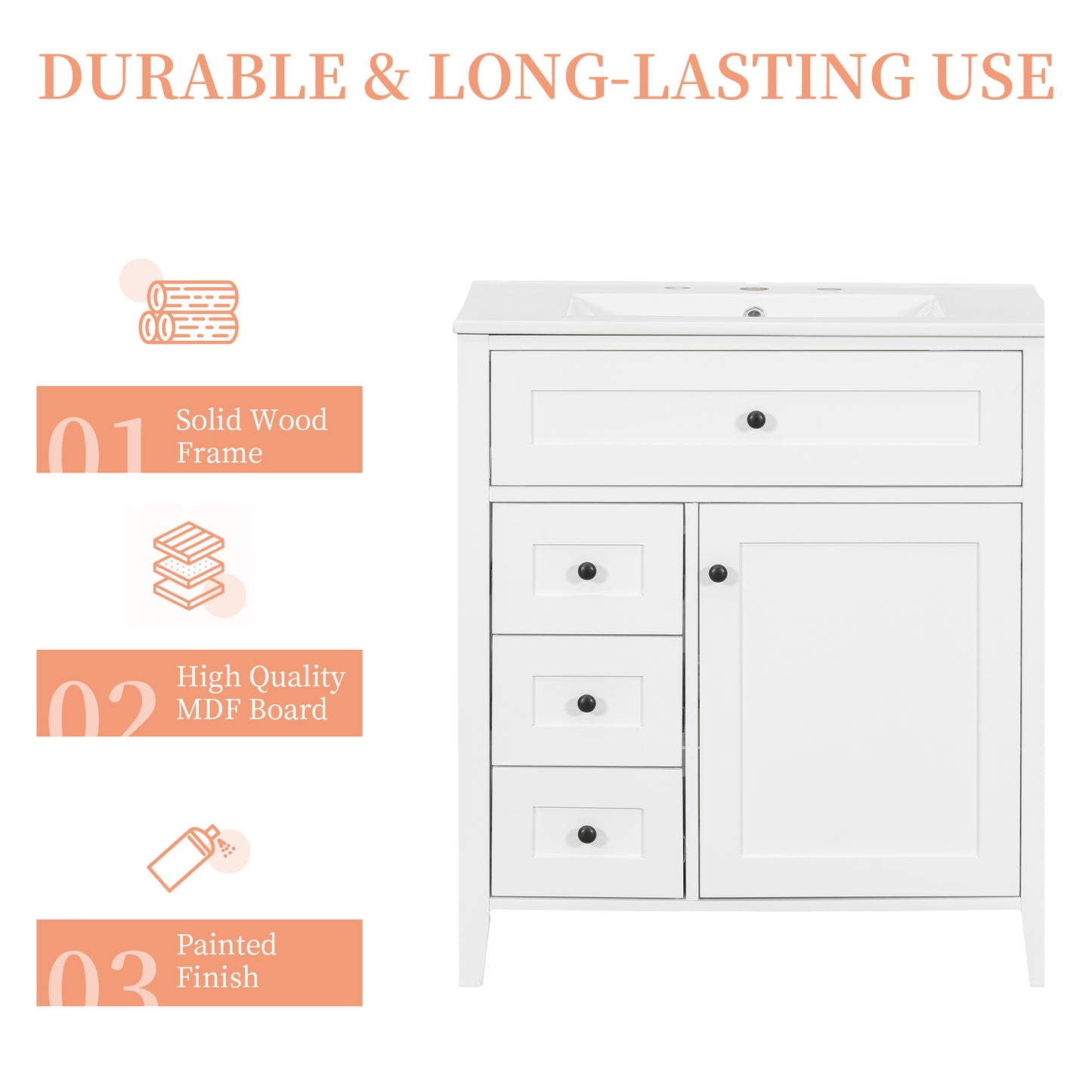 VanityFus 30-in White Bathroom Vanity Single Sink Combo Ceramic Top 1 door 4 drawers Adjustable Shelves