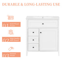 VanityFus 30-in White Bathroom Vanity Single Sink Combo Ceramic Top 1 door 4 drawers Adjustable Shelves