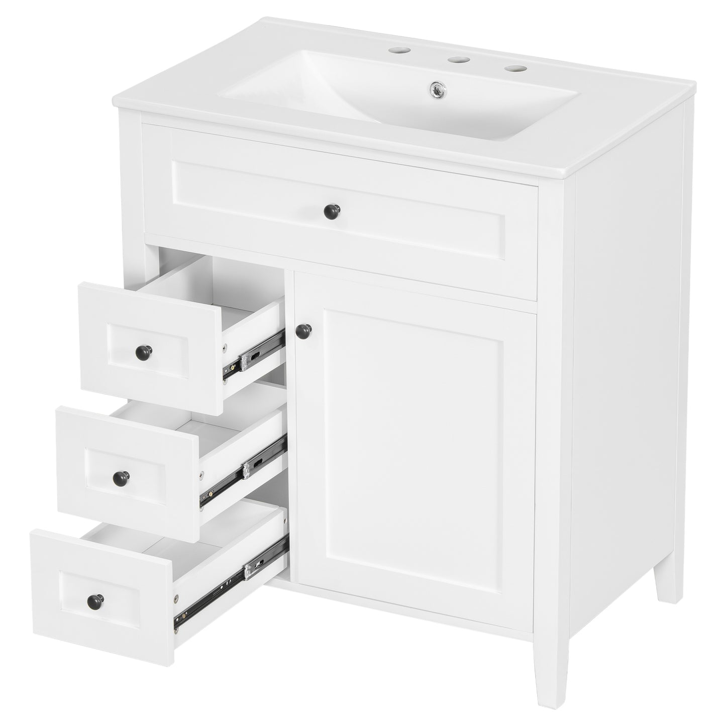 VanityFus 30-in White Bathroom Vanity Single Sink Combo Ceramic Top 1 door 4 drawers Adjustable Shelves