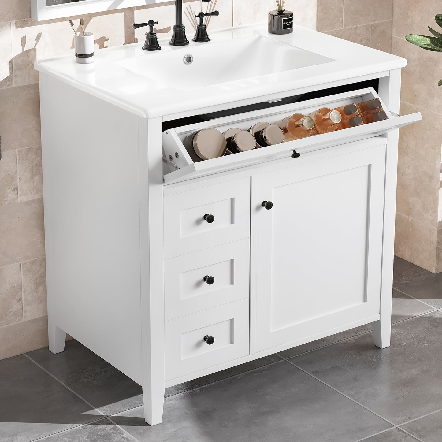 VanityFus 30-in White Bathroom Vanity Single Sink Combo Ceramic Top 1 door 4 drawers Adjustable Shelves