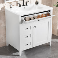 VanityFus 30-in White Bathroom Vanity Single Sink Combo Ceramic Top 1 door 4 drawers Adjustable Shelves