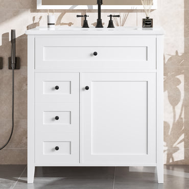 VanityFus 30-in White Bathroom Vanity Single Sink Combo Ceramic Top 1 door 4 drawers Adjustable Shelves