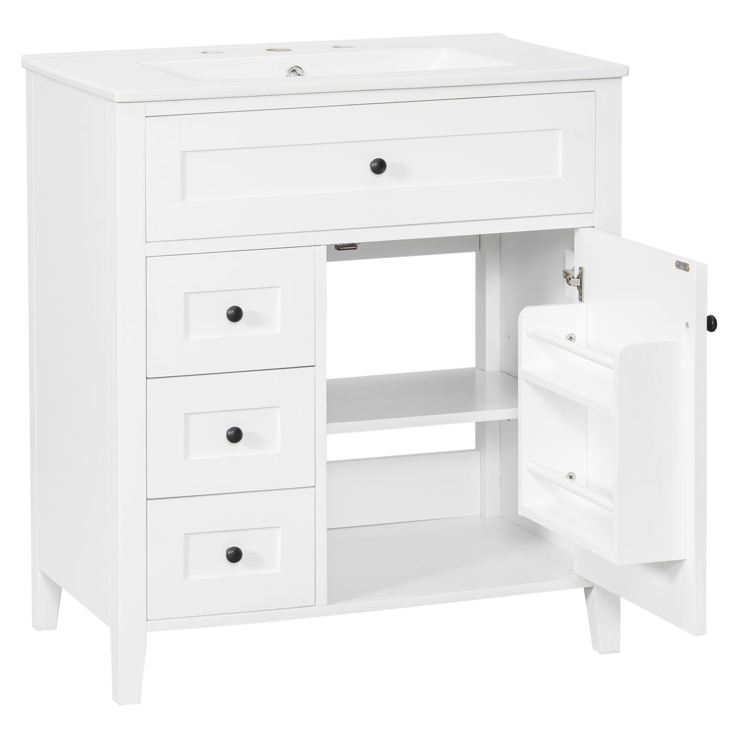 VanityFus 30-in White Bathroom Vanity Single Sink Combo Ceramic Top 1 door 4 drawers Adjustable Shelves