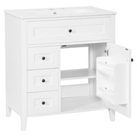 VanityFus 30-in White Bathroom Vanity Single Sink Combo Ceramic Top 1 door 4 drawers Adjustable Shelves