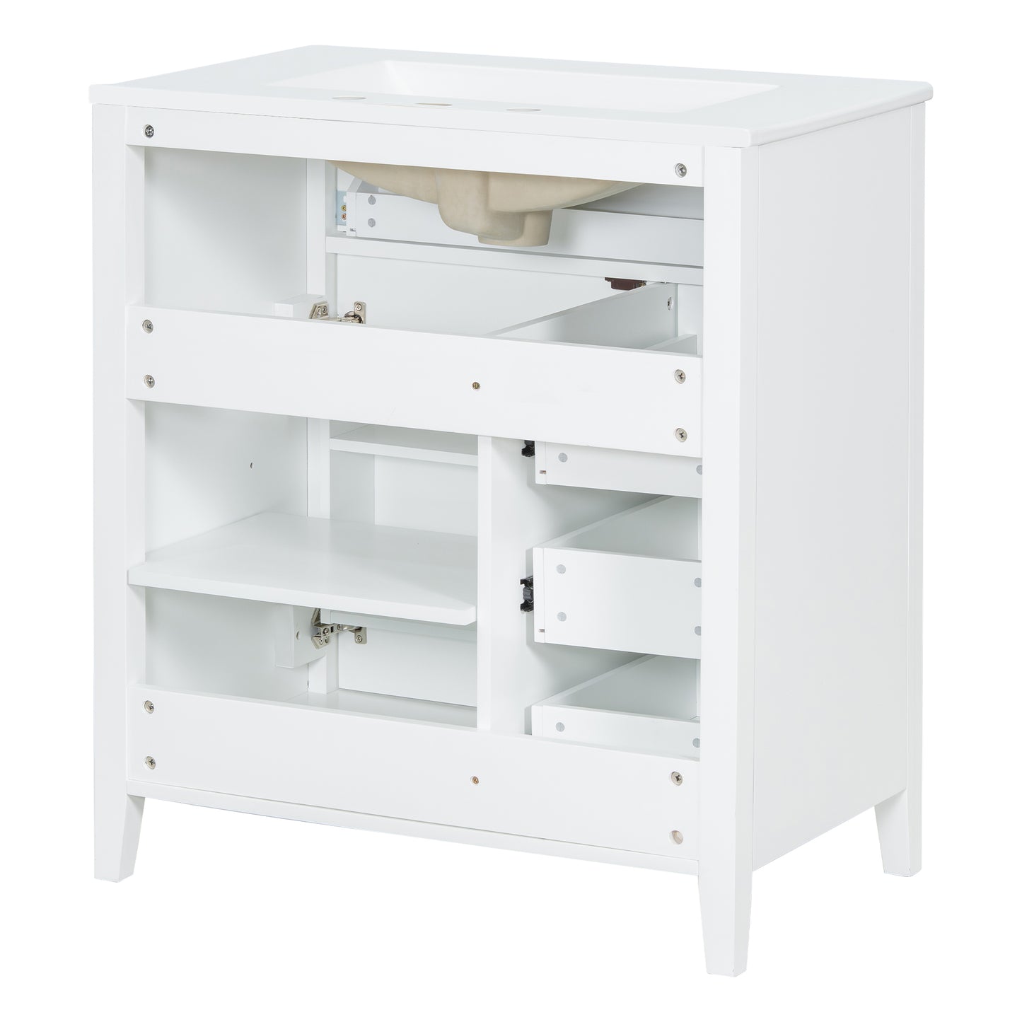 VanityFus 30-in White Bathroom Vanity Single Sink Combo Ceramic Top 1 door 4 drawers Adjustable Shelves