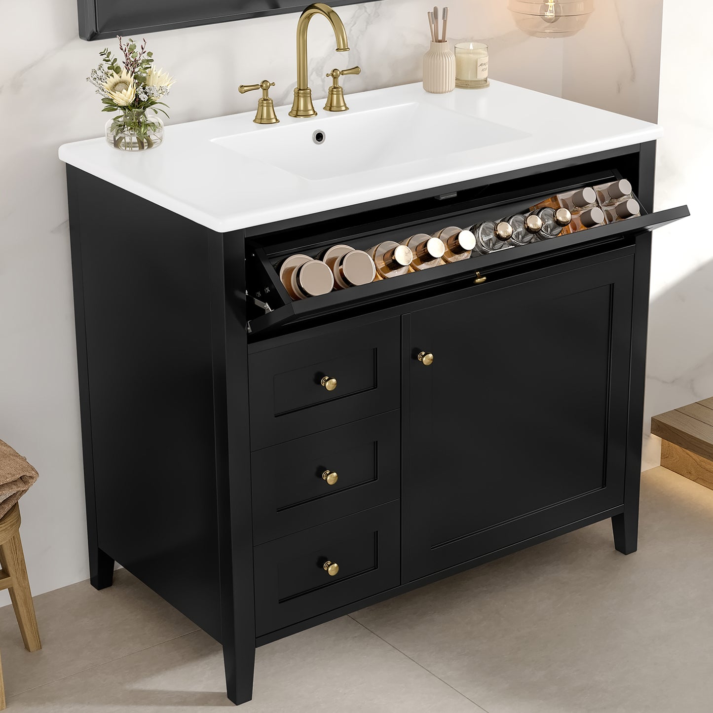 VanityFus 36-in Black Bathroom Vanity Single Sink Combo Ceramic Top 1 door 4 drawers Undermount Adjustable Shelves