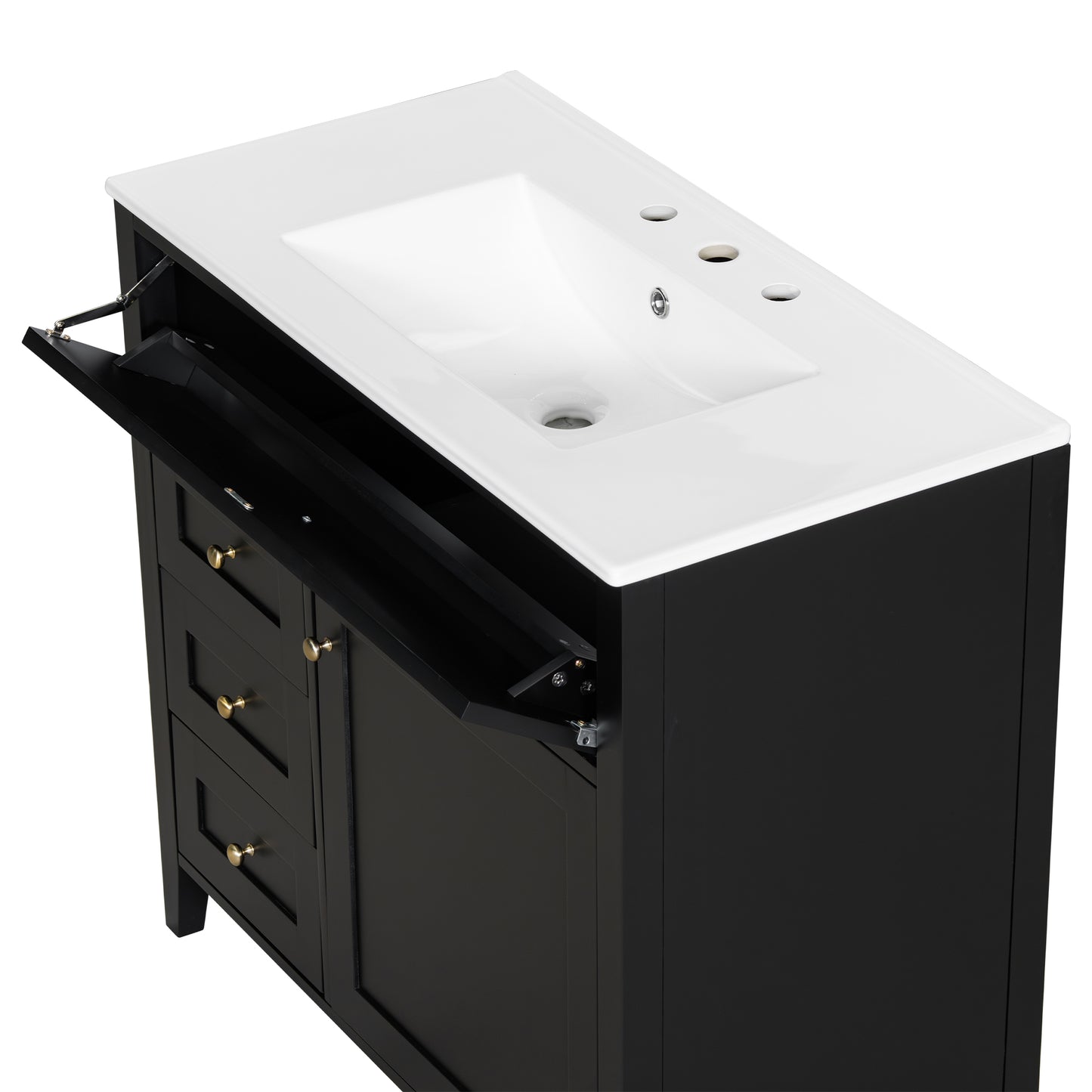 VanityFus 36-in Black Bathroom Vanity Single Sink Combo Ceramic Top 1 door 4 drawers Undermount Adjustable Shelves