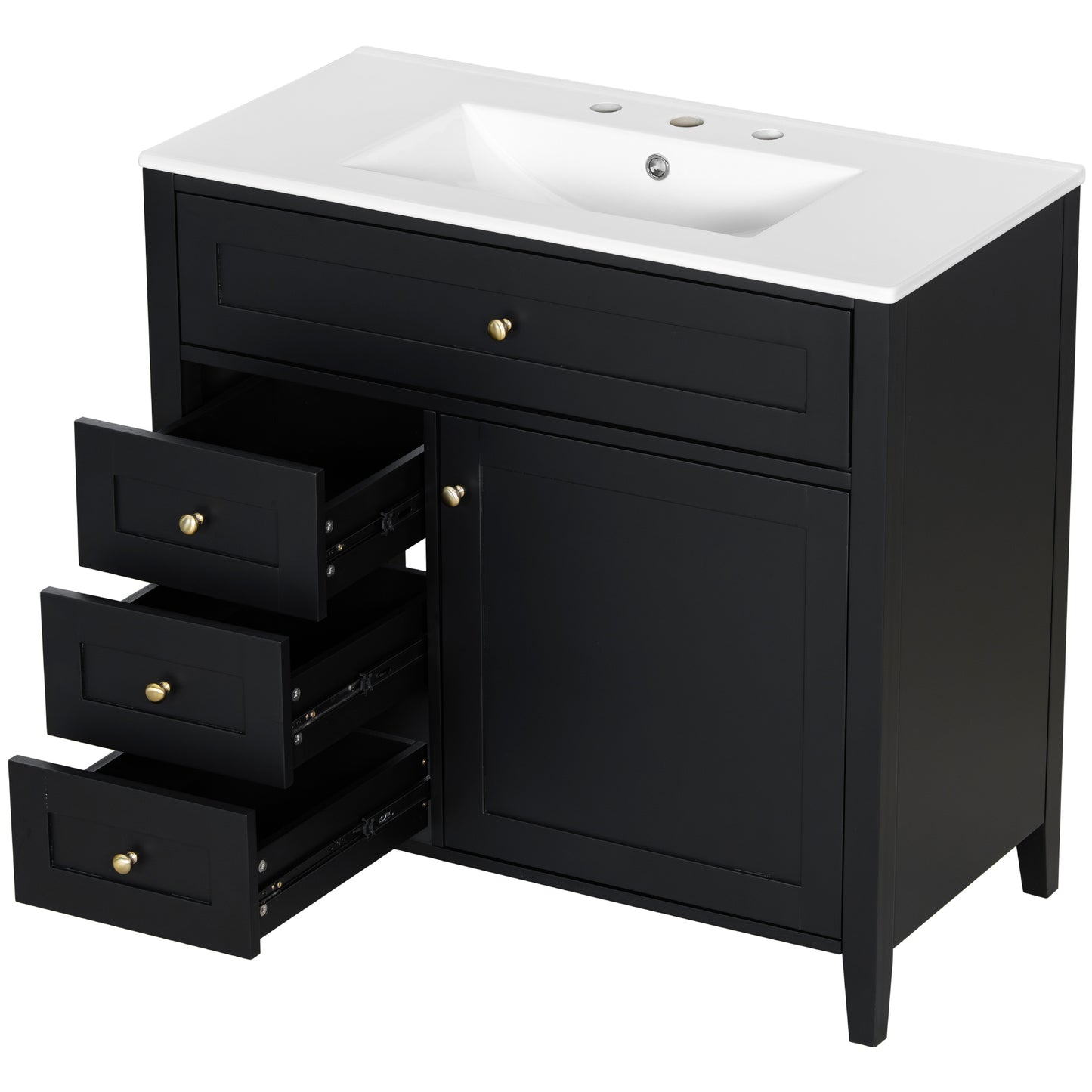 VanityFus 36-in Black Bathroom Vanity Single Sink Combo Ceramic Top 1 door 4 drawers Undermount Adjustable Shelves