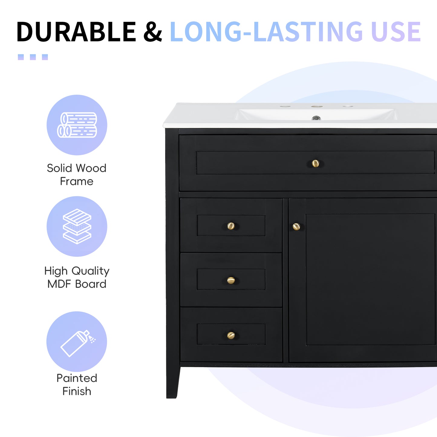 VanityFus 36-in Black Bathroom Vanity Single Sink Combo Ceramic Top 1 door 4 drawers Undermount Adjustable Shelves