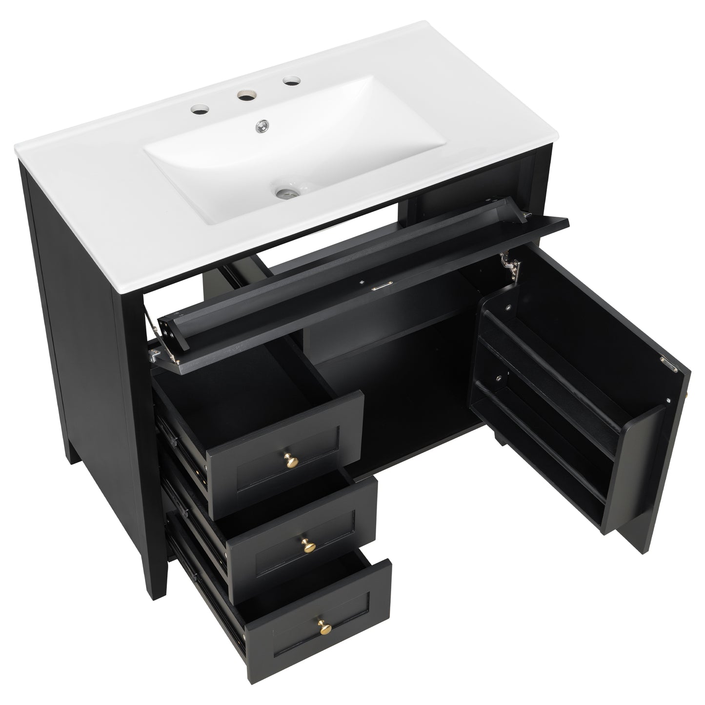 VanityFus 36-in Black Bathroom Vanity Single Sink Combo Ceramic Top 1 door 4 drawers Undermount Adjustable Shelves