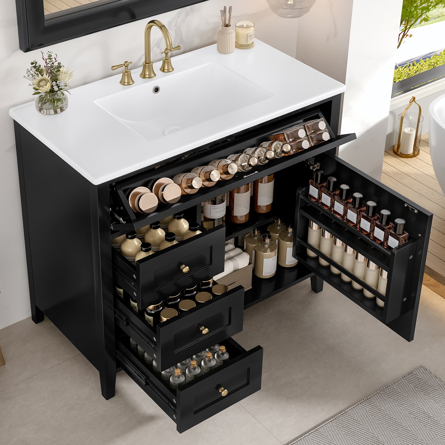 VanityFus 36-in Black Bathroom Vanity Single Sink Combo Ceramic Top 1 door 4 drawers Undermount Adjustable Shelves