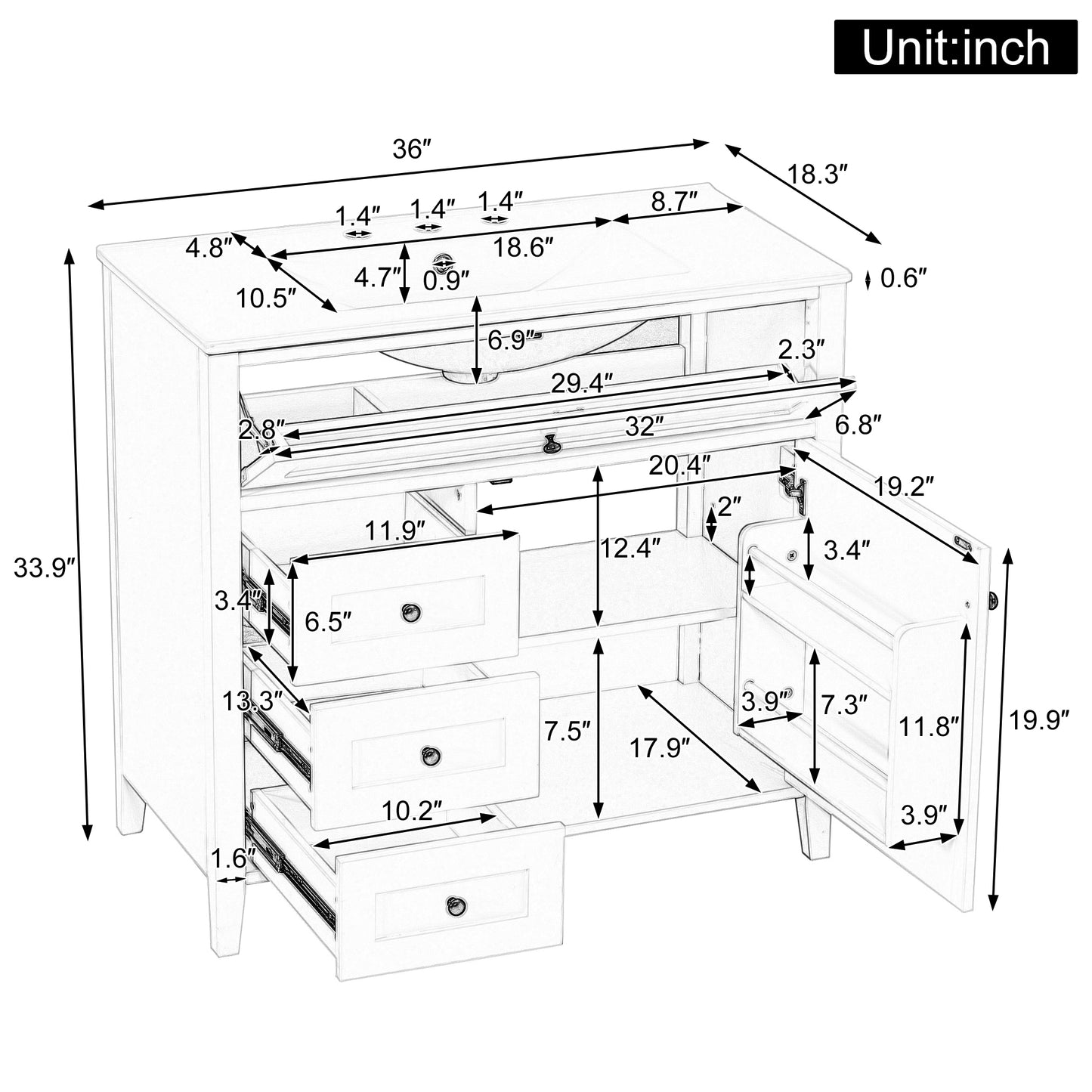 VanityFus 36-in Black Bathroom Vanity Single Sink Combo Ceramic Top 1 door 4 drawers Undermount Adjustable Shelves