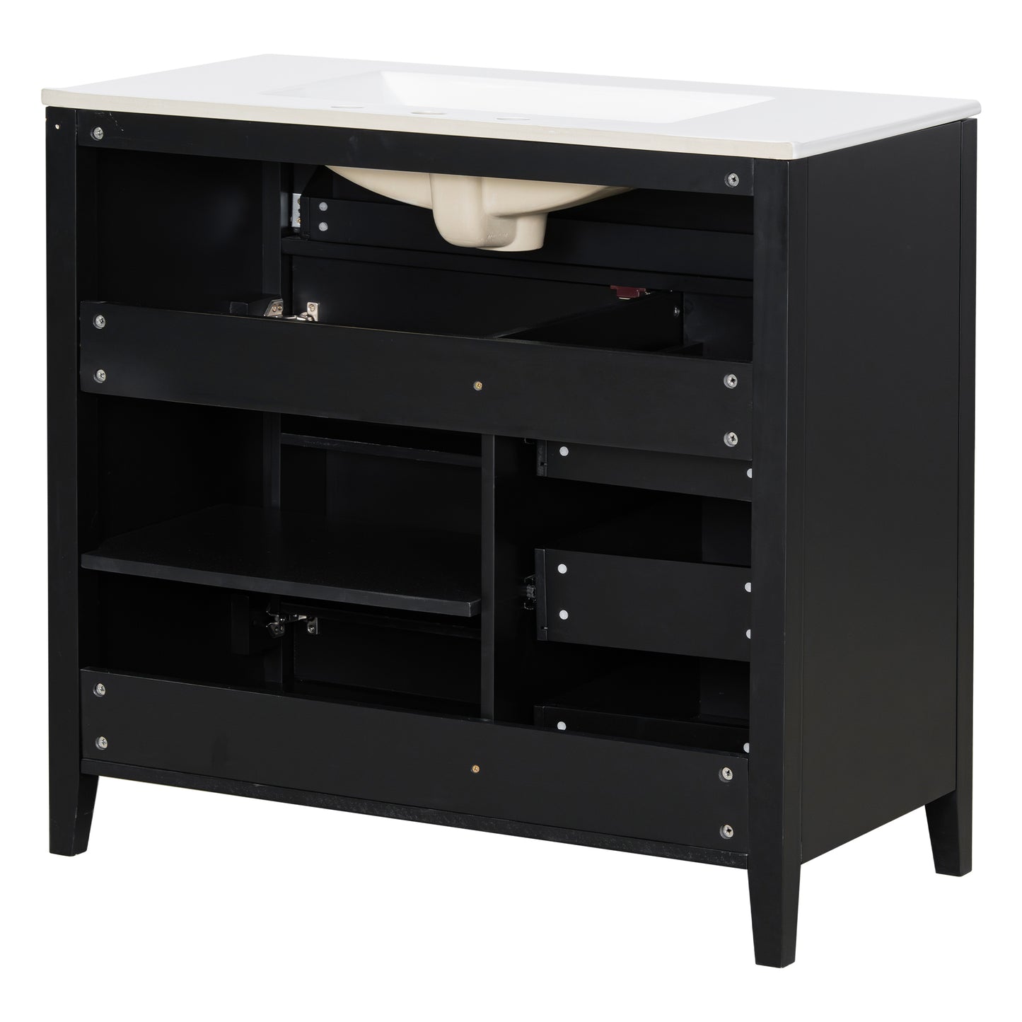 VanityFus 36-in Black Bathroom Vanity Single Sink Combo Ceramic Top 1 door 4 drawers Undermount Adjustable Shelves