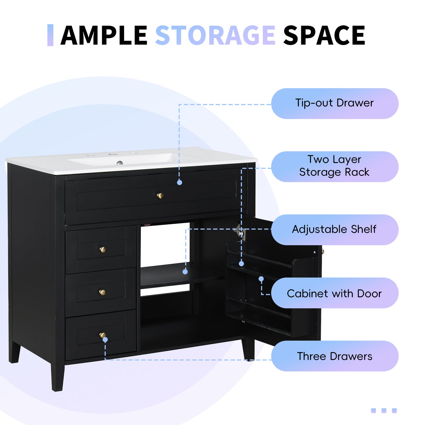 VanityFus 36-in Black Bathroom Vanity Single Sink Combo Ceramic Top 1 door 4 drawers Undermount Adjustable Shelves