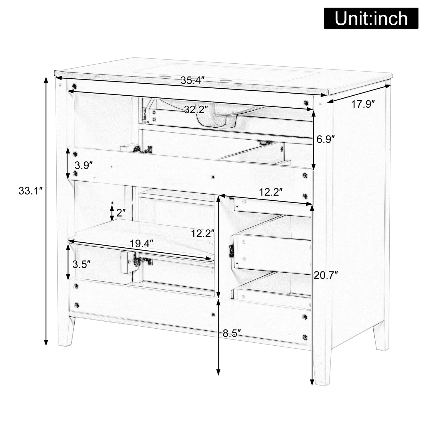 VanityFus 36-in Black Bathroom Vanity Single Sink Combo Ceramic Top 1 door 4 drawers Undermount Adjustable Shelves