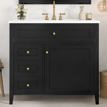 VanityFus 36-in Black Bathroom Vanity Single Sink Combo Ceramic Top 1 door 4 drawers Undermount Adjustable Shelves