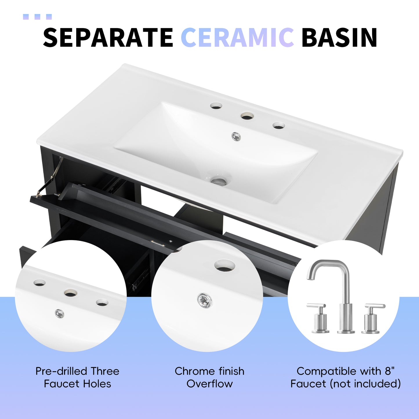VanityFus 36-in Black Bathroom Vanity Single Sink Combo Ceramic Top 1 door 4 drawers Undermount Adjustable Shelves
