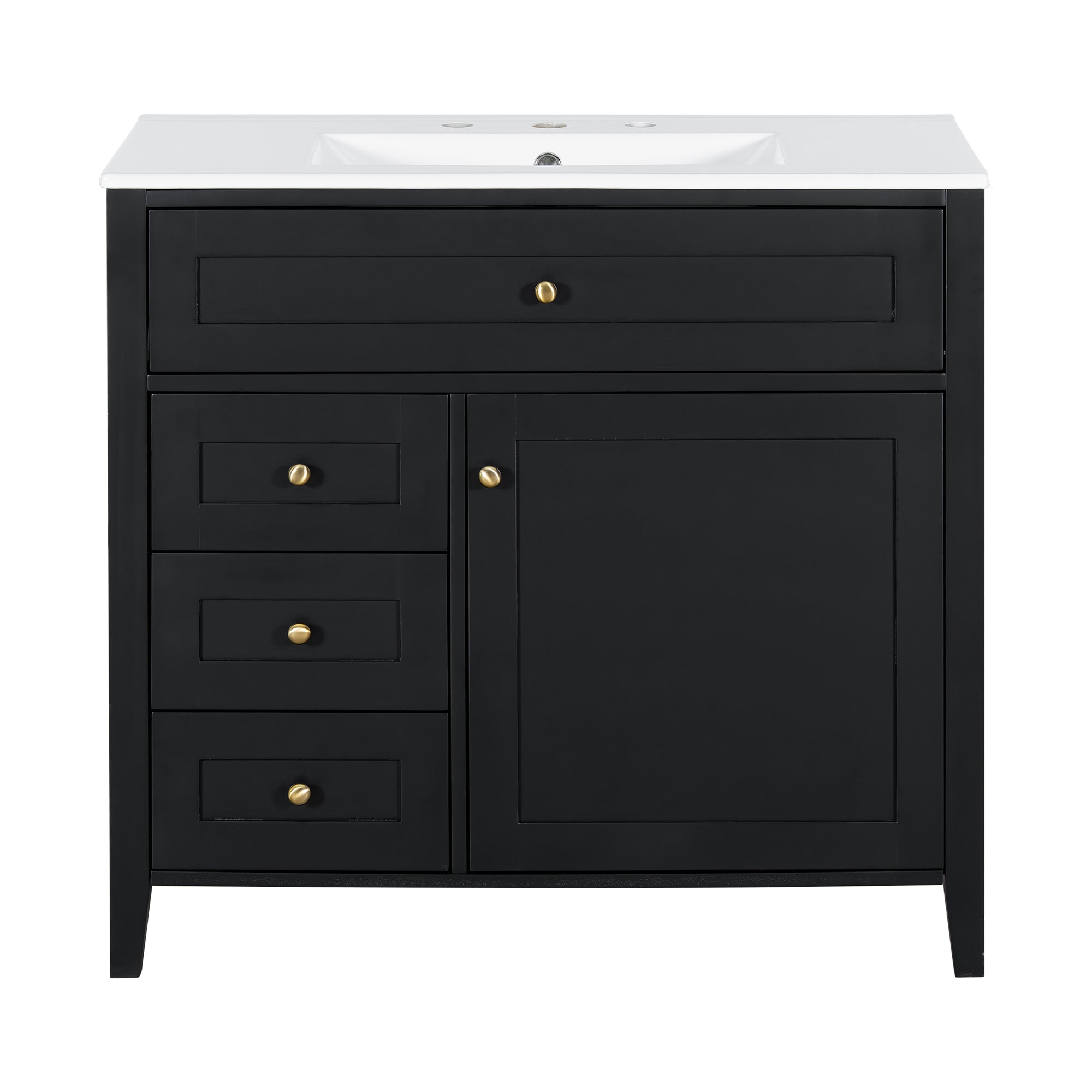VanityFus 36-in Black Bathroom Vanity Single Sink Combo Ceramic Top 1 door 4 drawers Undermount Adjustable Shelves