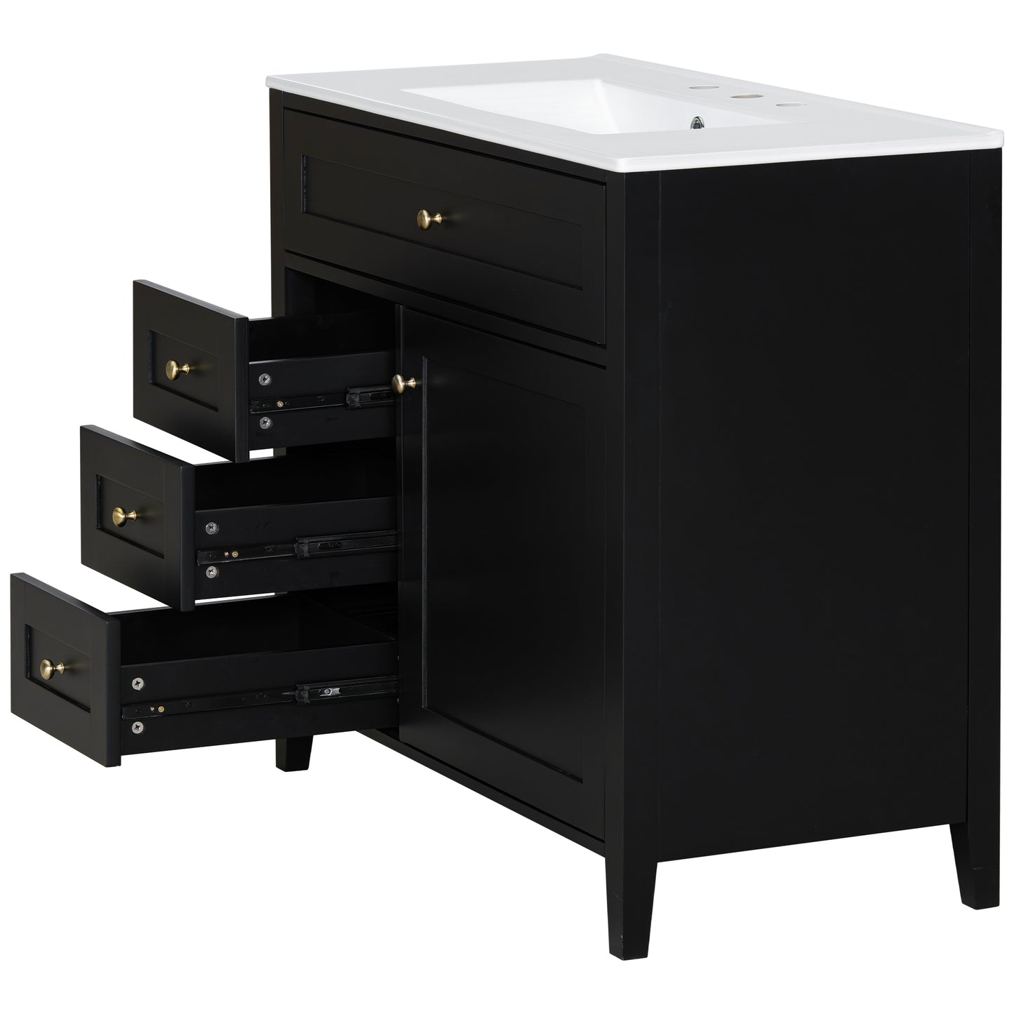 VanityFus 36-in Black Bathroom Vanity Single Sink Combo Ceramic Top 1 door 4 drawers Undermount Adjustable Shelves