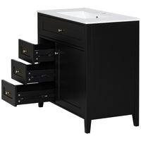 VanityFus 36-in Black Bathroom Vanity Single Sink Combo Ceramic Top 1 door 4 drawers Undermount Adjustable Shelves