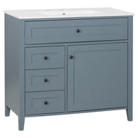 VanityFus 36-in Blue Grey Bathroom Vanity Single Sink Combo Ceramic Top 1 door 4 drawers Undermount Adjustable Shelves
