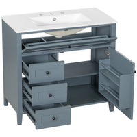 VanityFus 36-in Blue Grey Bathroom Vanity Single Sink Combo Ceramic Top 1 door 4 drawers Undermount Adjustable Shelves