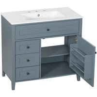 VanityFus 36-in Blue Grey Bathroom Vanity Single Sink Combo Ceramic Top 1 door 4 drawers Undermount Adjustable Shelves
