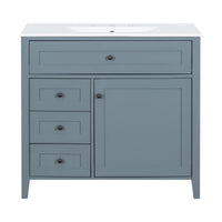 VanityFus 36-in Blue Grey Bathroom Vanity Single Sink Combo Ceramic Top 1 door 4 drawers Undermount Adjustable Shelves
