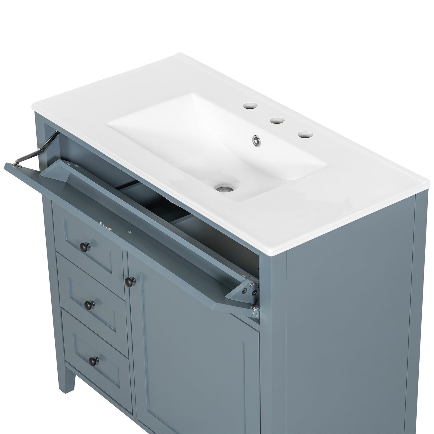 VanityFus 36-in Blue Grey Bathroom Vanity Single Sink Combo Ceramic Top 1 door 4 drawers Undermount Adjustable Shelves