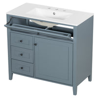 VanityFus 36-in Blue Grey Bathroom Vanity Single Sink Combo Ceramic Top 1 door 4 drawers Undermount Adjustable Shelves