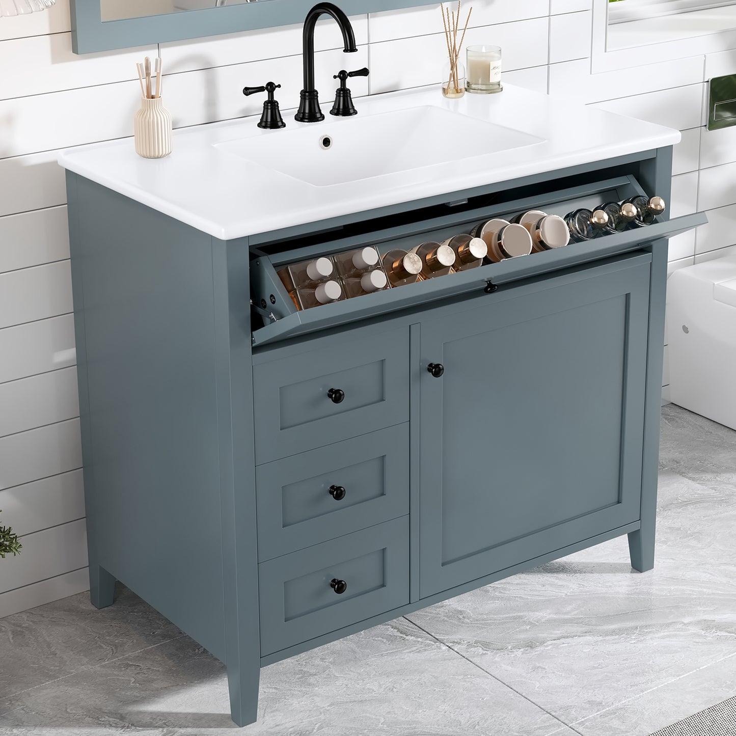 VanityFus 36-in Blue Grey Bathroom Vanity Single Sink Combo Ceramic Top 1 door 4 drawers Undermount Adjustable Shelves