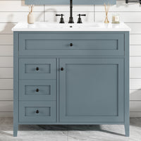 VanityFus 36-in Blue Grey Bathroom Vanity Single Sink Combo Ceramic Top 1 door 4 drawers Undermount Adjustable Shelves