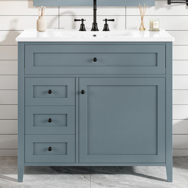 VanityFus 36-in Blue Grey Bathroom Vanity Single Sink Combo Ceramic Top 1 door 4 drawers Undermount Adjustable Shelves
