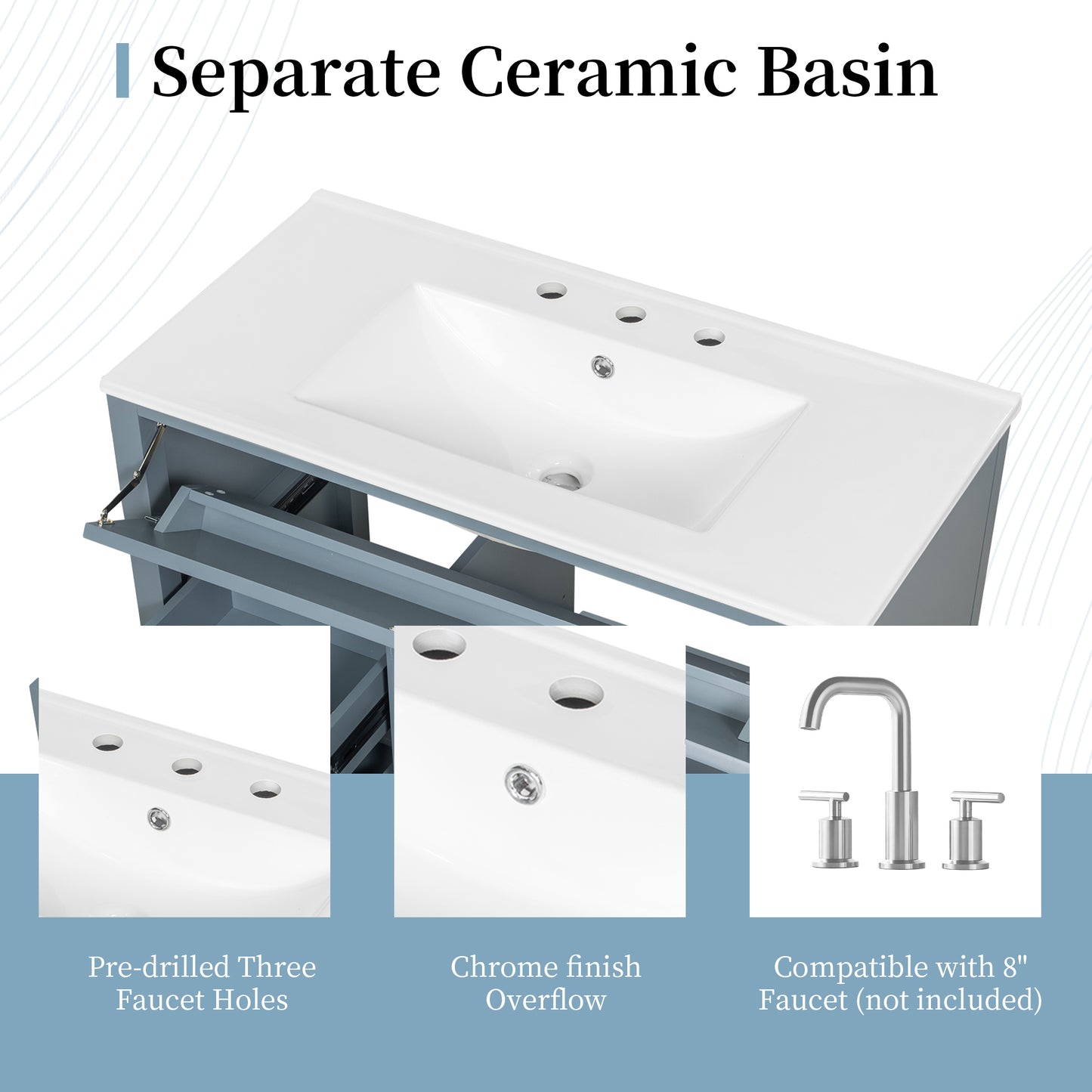 VanityFus 36-in Blue Grey Bathroom Vanity Single Sink Combo Ceramic Top 1 door 4 drawers Undermount Adjustable Shelves