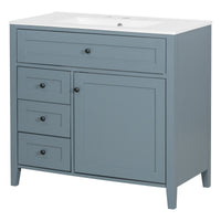 VanityFus 36-in Blue Grey Bathroom Vanity Single Sink Combo Ceramic Top 1 door 4 drawers Undermount Adjustable Shelves