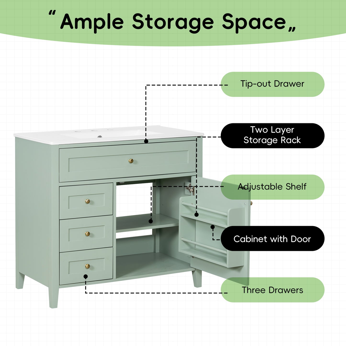 VanityFus 36-in Green Bathroom Vanity Single Sink Combo Ceramic Top 1 door 4 drawers Undermount Adjustable Shelves