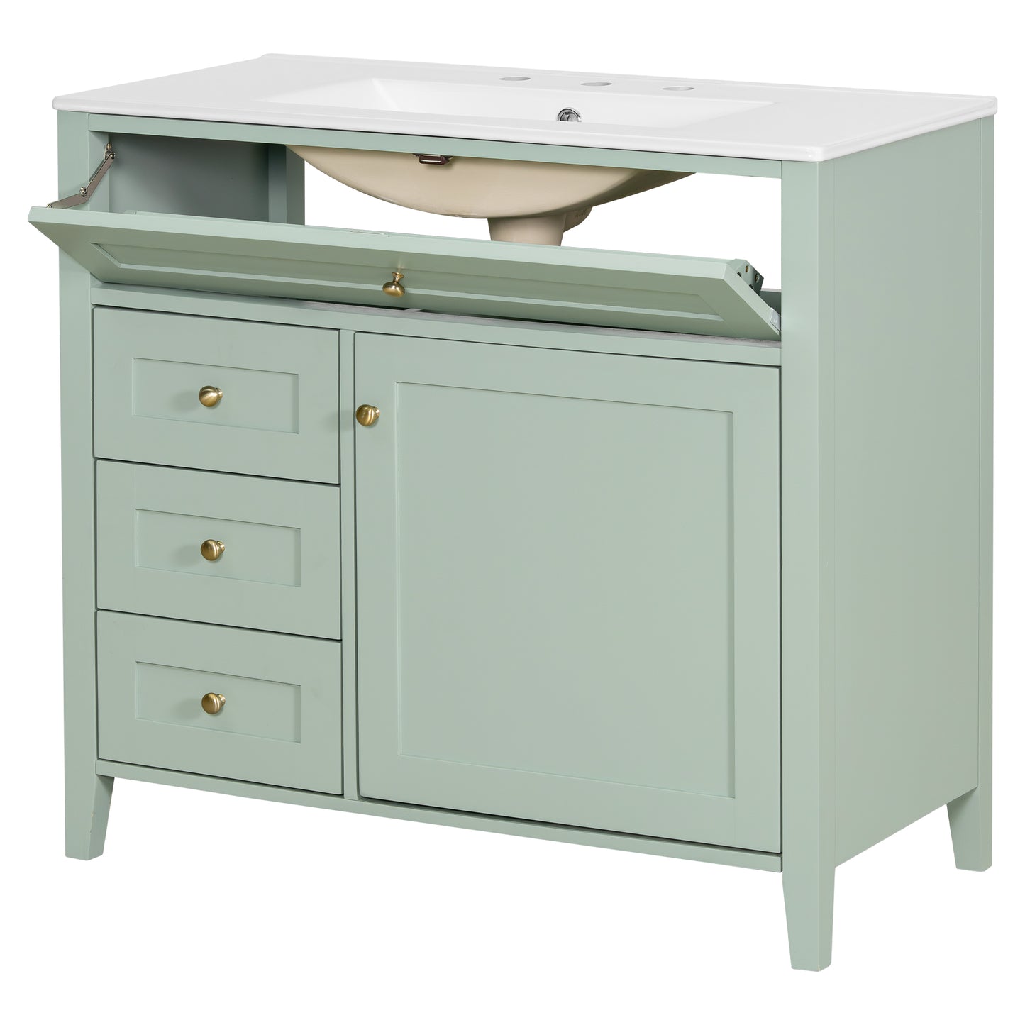 VanityFus 36-in Green Bathroom Vanity Single Sink Combo Ceramic Top 1 door 4 drawers Undermount Adjustable Shelves