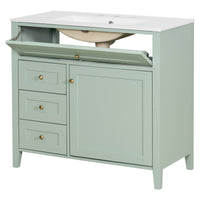 VanityFus 36-in Green Bathroom Vanity Single Sink Combo Ceramic Top 1 door 4 drawers Undermount Adjustable Shelves