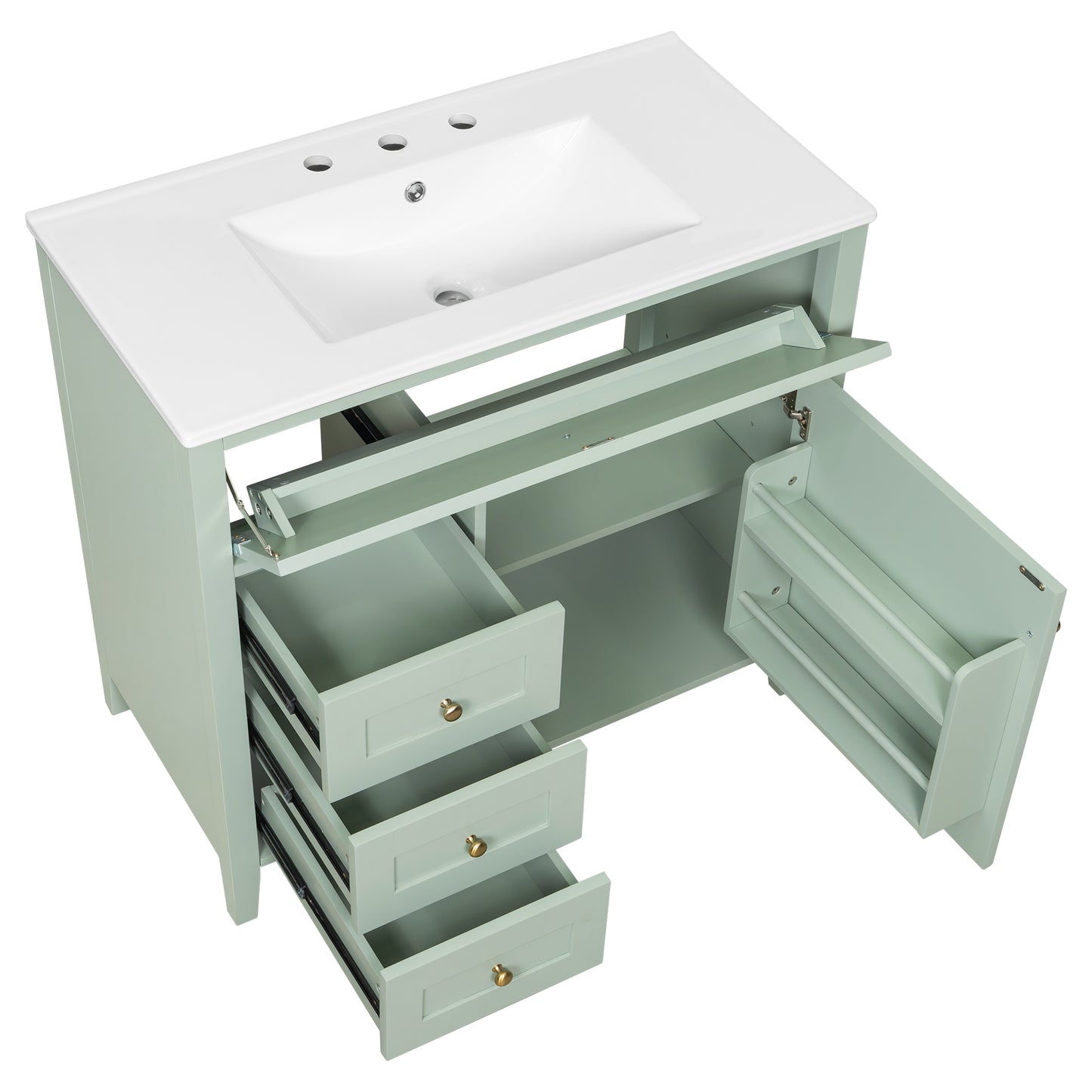 VanityFus 36-in Green Bathroom Vanity Single Sink Combo Ceramic Top 1 door 4 drawers Undermount Adjustable Shelves