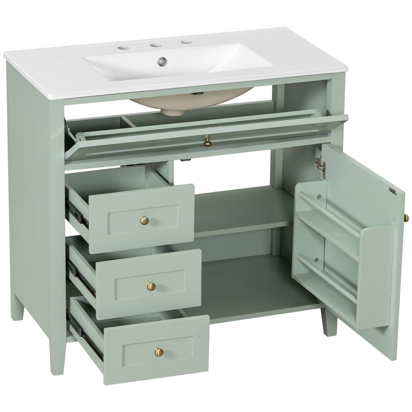 VanityFus 36-in Green Bathroom Vanity Single Sink Combo Ceramic Top 1 door 4 drawers Undermount Adjustable Shelves