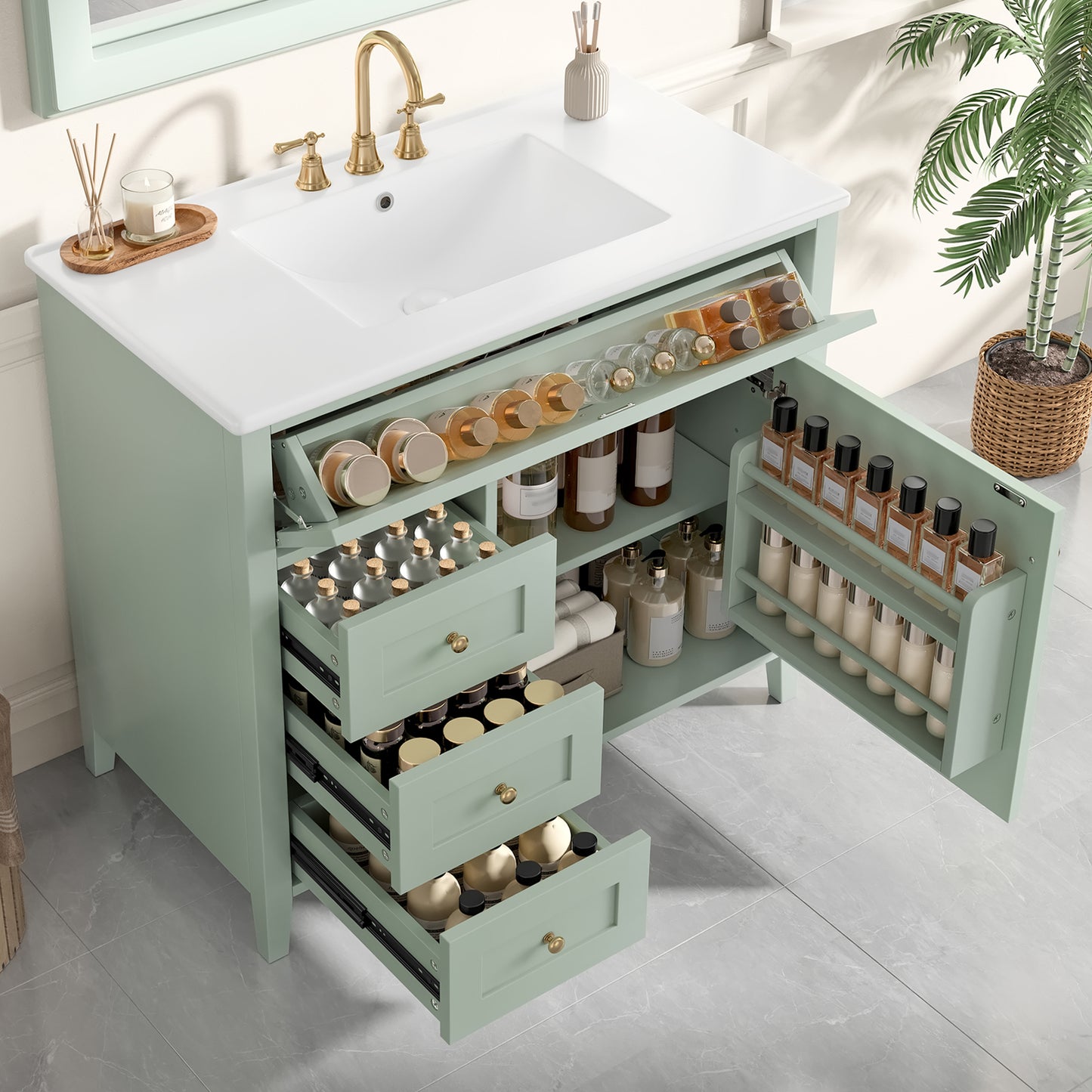 VanityFus 36-in Green Bathroom Vanity Single Sink Combo Ceramic Top 1 door 4 drawers Undermount Adjustable Shelves