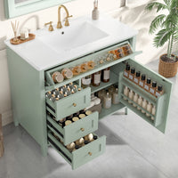 VanityFus 36-in Green Bathroom Vanity Single Sink Combo Ceramic Top 1 door 4 drawers Undermount Adjustable Shelves